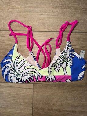 Maaji Tropical Palm Print Bikini Top in Neon Pink & Blue size small